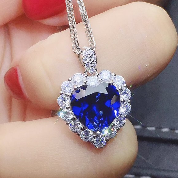 Jewelry - NEW Silver Blue Sapphire Heart Round Diamond Halo Necklace